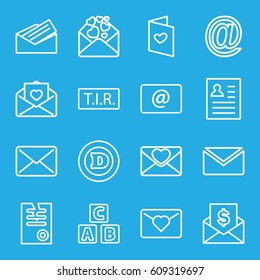 Letter icons set. set of 16 letter outline icons such as ABC cube, paper, TIR, email, mail, resume, envelope with dollar bill