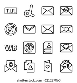 Letter icons set. set of 16 letter outline icons such as resume, TIR, love letter, at email, WB, mail, alpha, envelope with dollar bill