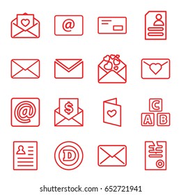 Letter icons set. set of 16 letter outline icons such as abc cube, paper, resume, email, at email, mail, envelop