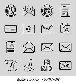 Letter icons set. set of 16 letter outline icons such as abc cube, resume, feather and paper, love letter, envelope, email, mail, signed document, envelop, alpha, xy