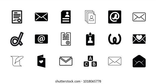 Letter icons. set of 18 editable filled and outline letter icons: resume, love letter, email, clipboard, at email, mail, signed document, paper, abc cube, omega