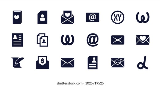 Letter icons. set of 18 editable filled letter icons: resume, alpha, omega, love letter, email, at mail, envelope with dollar bill, mail, feather and paper