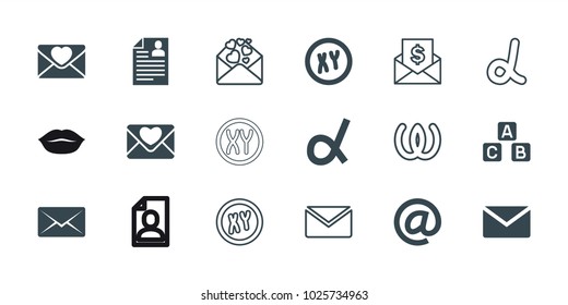 Letter icons. set of 18 editable filled and outline letter icons: mail, xy, love letter, alpha, omega, envelope with dollar bill, abc cube, resume