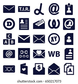 Letter icons set. set of 25 letter filled icons such as abc cube, mail, resume, tir, envelope, email, eye test, clipboard, at email, wb, envelope with dollar bill, xy, alpha