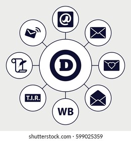 letter icons set. Set of 9 letter filled icons such as feather and paper, TIR, envelope, at email, WB