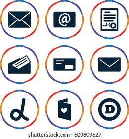 Letter icons set. set of 9 letter filled icons such as email, signed document, envelop, alpha