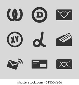 Letter icons set. set of 9 letter filled icons such as envelop, mail, XY, alpha