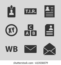 Letter icons set. set of 9 letter filled icons such as ABC cube, resume, TIR, envelope, clipboard, WB, XY