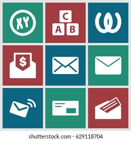 Letter icons set. set of 9 letter filled icons such as ABC cube, mail, letter, envelop, envelope with dollar bill, XY