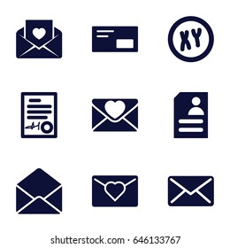 Letter icons set. set of 9 letter filled icons such as resume, love letter, envelope, mail, signed document, envelop