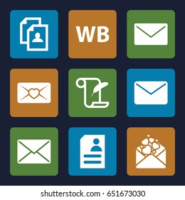 Letter icons set. set of 9 letter filled icons such as resume, feather and paper, love letter, wb