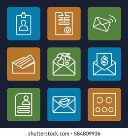 letter icons set. Set of 9 letter outline icons such as paper, resume, eye test, clipboard, mail