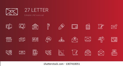 letter icons set. Collection of letter with email, parchment, triangle, envelope, feathers, co, postcard, love letter, keyboard, pen, bill. Editable and scalable icons.