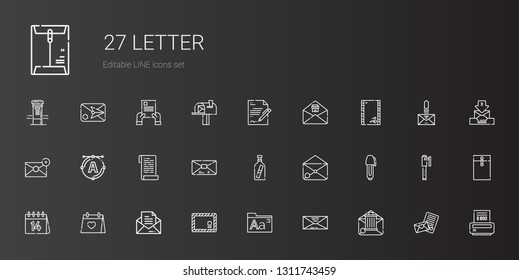 letter icons set. Collection of letter with email, envelope, fonts, message, wedding day, valentines day, pen, message in a bottle, mail, paper. Editable and scalable letter icons.