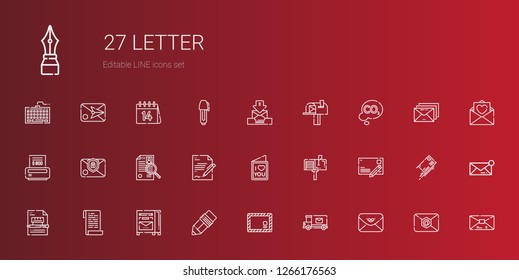 letter icons set. Collection of letter with envelope, mail truck, pen, mailbox, paper, contract, postcard, love letter, curriculum, email. Editable and scalable letter icons.