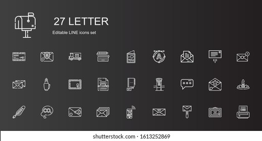 letter icons set. Collection of letter with mail, envelope, navigation, email, co, quill, message, mailbox, contact, contract, fountain pen. Editable and scalable letter icons.