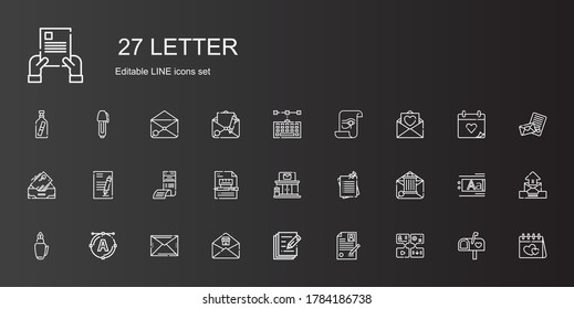 conjunto de iconos de letra. Colección de cartas con mensaje, currículum, escritura, correo electrónico, fuente, pluma fuente, notas, oficina de correos, contrato, factura, bandeja de entrada. Iconos de letras modificables y escalables.