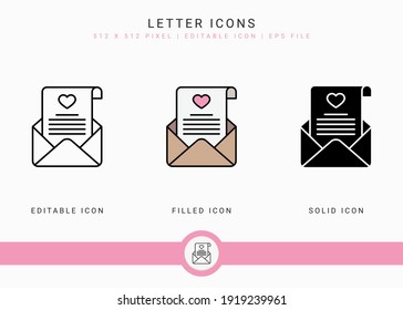 Letter icons set vector illustration with solid icon line style. Wedding love romance concept. Editable stroke icon on isolated background for web design, user interface, and mobile application