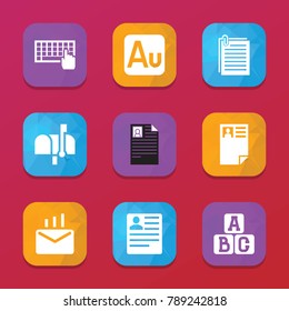 Letter icons. vector collection filled letter icons set.. includes symbols such as cv, keyboard, paper, a b c cube, au, mail box. use for web, mobile and ui design.