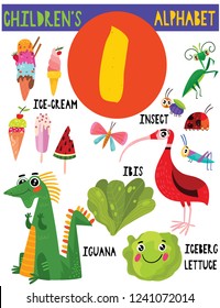 Letter I.Cute children's alphabet with adorable animals and other things.Poster for kids learning English vocabulary.Cartoon vector illustration.