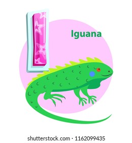 Letter I for iguana cartoon alphabet for children. Volume symbol with star pattern, flat green big lizard with obvious scales and crest, vector icon