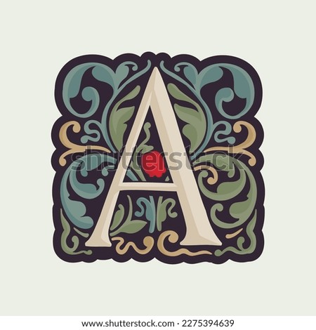A letter illuminated initial with curve leaf ornament and tulips. Medieval dim colored fancy drop cap logo. Gothic heraldry blackletter dark-age emblem. Perfect for luxury calligraphy with pattern.