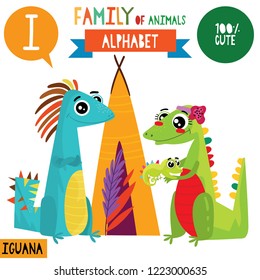 Letter I-Mega big set.Cute vector alphabet with family of animals in cartoon style.