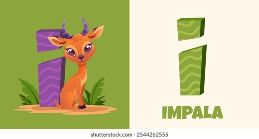 I letter for the Impala. Vector illustration with cute animal alphabet for ABC book. Educational content