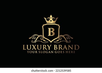 Buchstabe Initial B elegante, luxuriöse Monogramm-Logo oder Badge-Vorlage mit Rollen und königlicher Krone, perfekt für luxuriöse Branding-Projekte

