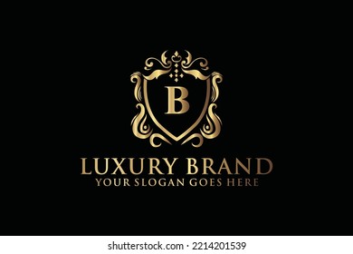 carta Marca inicial B elegante logotipo de lujoso monograma o plantilla de insignia con rollos y corona real, perfecto para proyectos de marca de lujo
