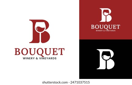 Letter Initial B Wine Glass Logo Design Template. Suitable for Bar Restaurant Cafe Winery Vineyard Pub Club Business Brand Company Logo Design.