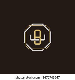 Letter initial BU B U UB monogram logo classic style with emblem hexagon line isolated on black background and gold silver colors combination