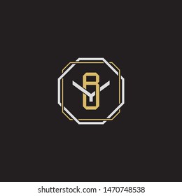 Letter initial BY B Y YB monogram logo classic style with emblem hexagon line isolated on black background and gold silver colors combination