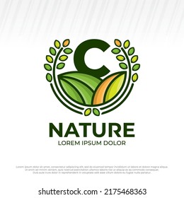 Letter Initial C Eco Green Farm Circle Logo Vector Vintage Icon, Flat Farm Logo, Natural Green Badge
