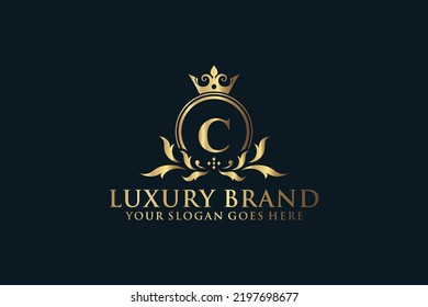 letter Initial C elegant luxury monogram logo or badge template with scrolls and royal crown, perfect for luxurious branding projects
