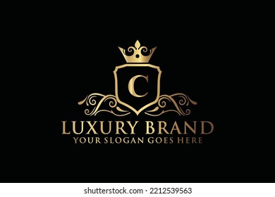 carta Marca inicial C elegante logotipo de lujoso monograma o plantilla de insignia con rollos y corona real, perfecto para proyectos de marca de lujo
