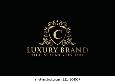 letter Initial C elegant luxury monogram logo or badge template with scrolls and royal crown, perfect for luxurious branding projects
