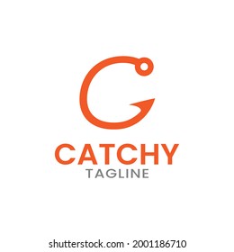 Letter Initial C Fishing Hook Logo Design Template. Suitable for Fishing Shop Fisherman Sport Business Brand Company in Simple Orange Logo Design.