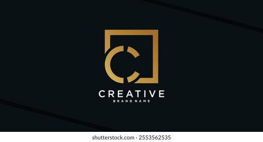 Letter initial C logo design with golden square concept. Premium Vector