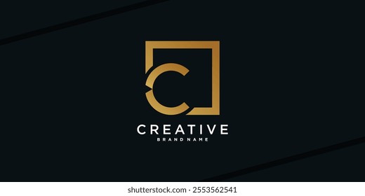 Letter initial C logo design with golden square concept. Premium Vector