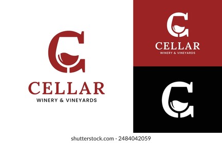 Letter Initial C Wine Glass Logo Design Template. Suitable for Bar Restaurant Cafe Winery Vineyard Pub Club Business Brand Company Logo Design.