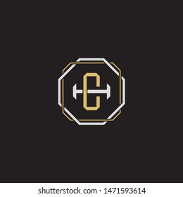 Letter initial CH C H HC monogram logo classic style with emblem hexagon line isolated on black background and gold silver colors combination