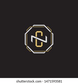Letter initial CN C N NC monogram logo classic style with emblem hexagon line isolated on black background and gold silver colors combination