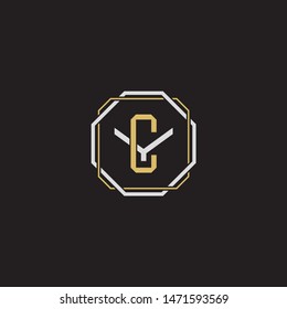 Letter initial CY C Y YC monogram logo classic style with emblem hexagon line isolated on black background and gold silver colors combination