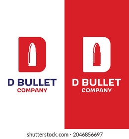 Letter Initial D with Bullet Projectile Cartridge Ammo for Gun Shop Armory Army Military Soldier Brand Business Company in Simple Flat Retro Logo Design Template.