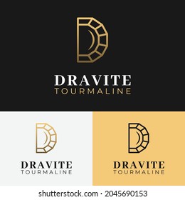 Letter Initial D Dravite Tourmaline Line Linear Logo Design Template. Letter D Gemstone for Crystal Diamond Ruby Topaz Jade Opal Sapphire Turquoise Onyx Emerald.