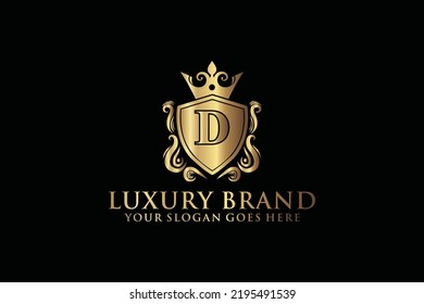 Buchstabe Initial D elegante, luxuriöse Monogramm-Logo oder Badge-Vorlage mit Rollen und königlicher Krone, perfekt für luxuriöse Branding-Projekte

