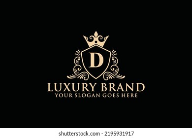 carta Marca inicial D elegante logotipo de lujoso monograma o plantilla de insignia con rollos y corona real, perfecto para proyectos de marca de lujo
