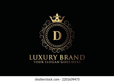 letter Initial D elegant luxury monogram logo or badge template with scrolls and royal crown, perfect for luxurious branding projects
