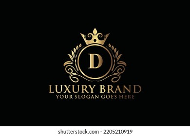 letter Initial D elegant luxury monogram logo or badge template with scrolls and royal crown, perfect for luxurious branding projects
